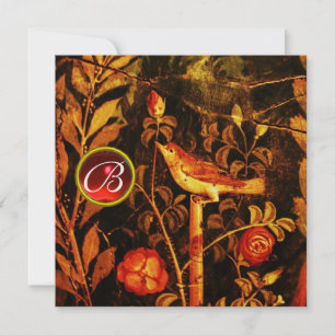 Invitation ROSSIGNOL AVEC MONOGRAMME DE ROSES, Rouge Noir Or