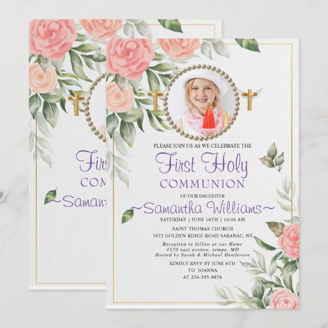 Invitation Rosy Aquarelle Blush Floral Première Communion (Devant / Derrière)