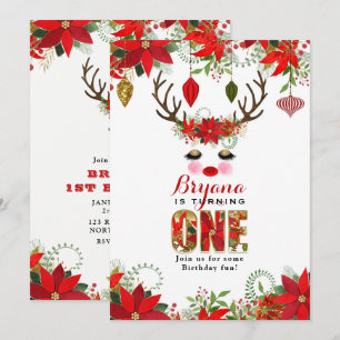 Invitation Rosy Cheeks Gold Eyes Floral Reindeer 1ER ANNIVERS