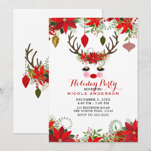 Invitation Rosy Cheeks Gold Eyes Floral Reindeer Holiday