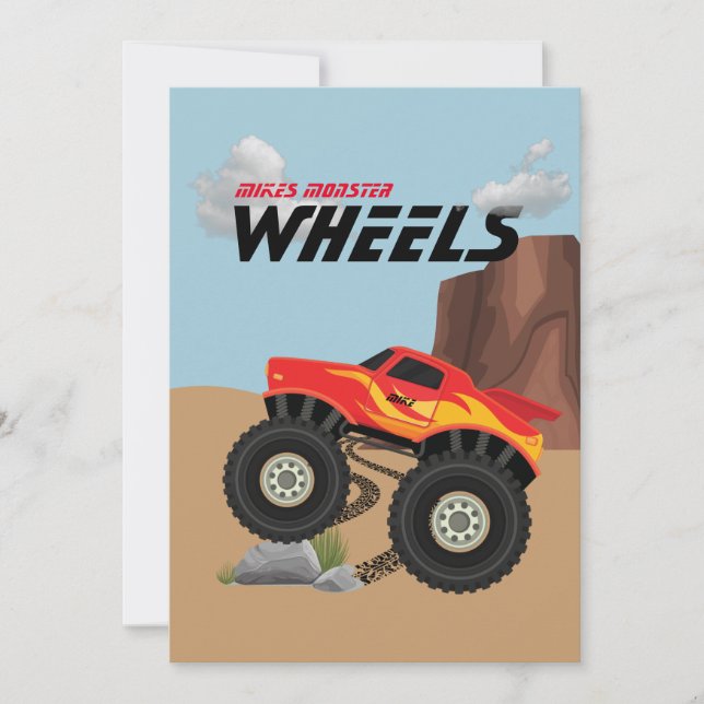 Invitation Roues de monstre orange, jaune, rouge, vert invita (Devant)