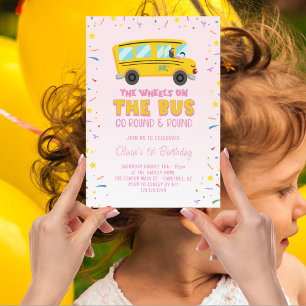 Invitation Roues roses dans le bus 1er anniversaire