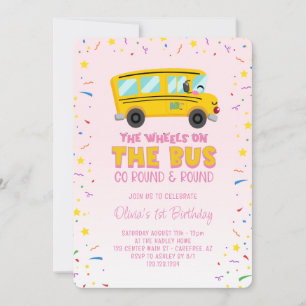 Invitation Roues roses sur le bus 1er anniversaire
