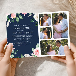 Invitation Rouge à joues Rose Floral Code QR Bleu marine Mari