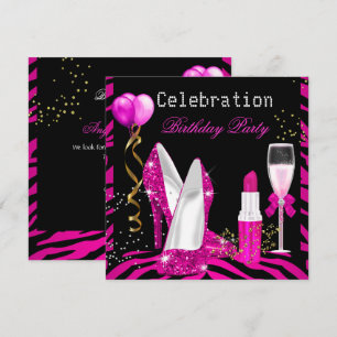 Invitation Rouge à lèvres rose chaud paillettes Anniversaire 