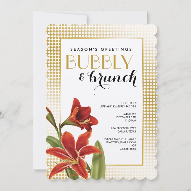 Invitation Rouge Amaryllis Flower Checked Gold (Devant)