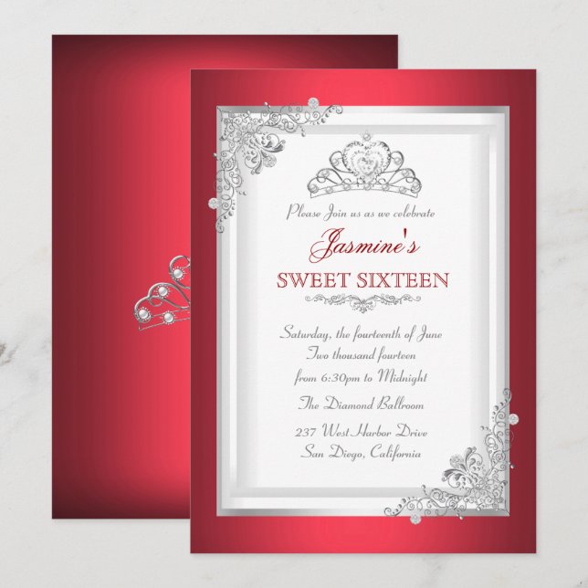 Invitation Rouge Argent Blanc Tiara Sweet 16 Anniversaire (Devant / Derrière)
