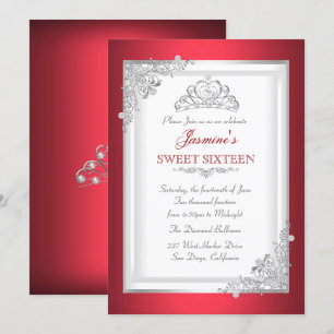 Invitation Rouge Argent Blanc Tiara Sweet 16 Anniversaire