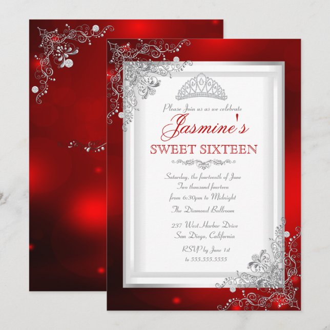 Invitation Rouge Argent Damask Tiara Sweet 16 Anniversaire (Devant / Derrière)
