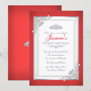 Invitation Rouge Argent Damask Tiara Sweet 16 Anniversaire