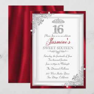 Invitation Rouge Argent Diamant Damask Tiara Sweet 16 Invitat