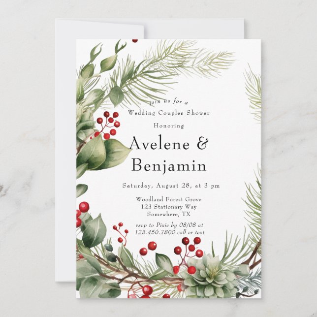 Invitation Rouge Berries Pine Wreath Mariage Couples Douche (Devant)