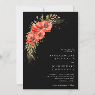 Invitation Rouge Black Gold Fleurs de pavot Code QR Mariage p