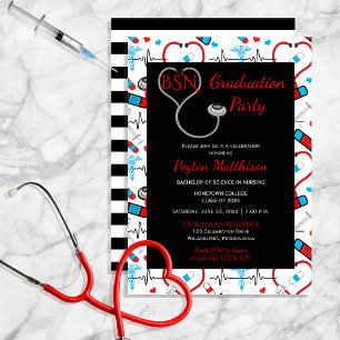 Invitation Rouge   Black Médicale Nurse Graduation Party