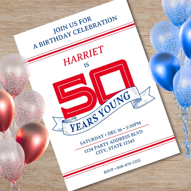 Invitation Rouge Blanc Bleu 50 ans Jeune bannière 50e anniver (Red White Blue 50 Years Young Banner 50th Birthday Invitation)