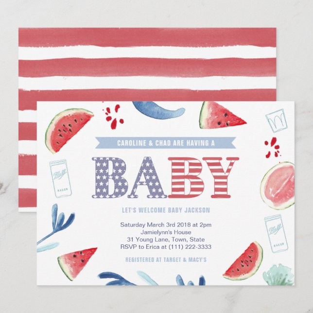 Invitation Rouge Blanc Bleu Baby shower Couples (Devant / Derrière)