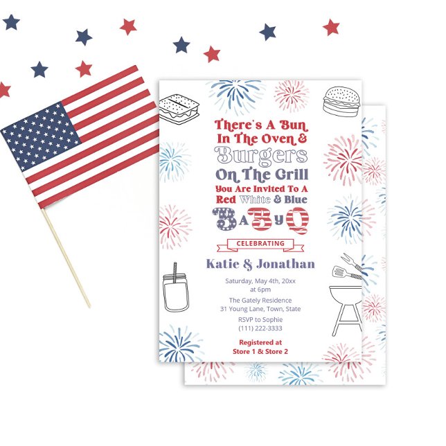 Invitation Rouge Blanc Bleu Bun dans le Baby shower BébéQ fou (Fun Red White And Blue Bun In The Oven theme baby-q baby shower invite. Groovy 1970s inspired font)