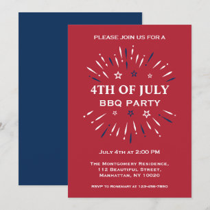 Invitation Rouge Blanc Bleu Fun Fireworks 4 juillet BBQ Party