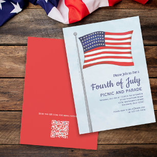 Invitation Rouge Blanc Bleu Plaisir 4 Juillet Drapeau QR Code