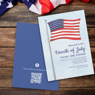 Invitation Rouge Blanc Bleu Plaisir 4 Juillet Drapeau QR Code