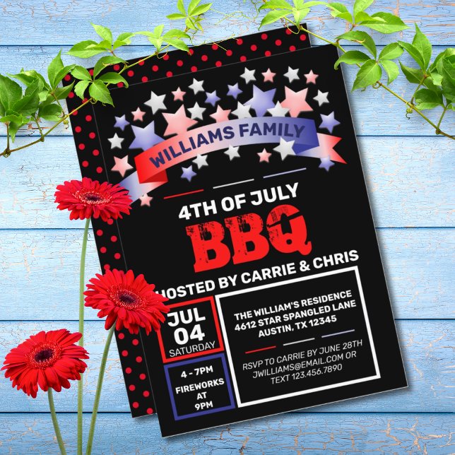 Invitation Rouge Blanc & Bleu Ruban & Étoiles 4 juillet BBQ (RED, WHITE, & BLUE 4TH OF JULY BBQ INVITATION)