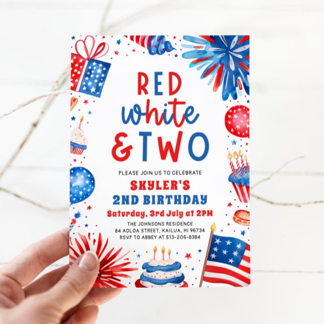 Invitation Rouge, Blanc & Deux 4 Juillet 2 Anniversaire (Watercolor Partiotic Fireworks Red, White & Two 4th July 2nd Photo Birthday Party Invitation)