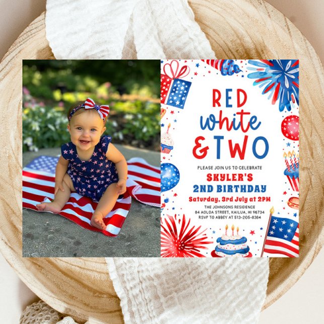 Invitation Rouge, Blanc & Deux 4 Juillet 2 Photo Anniversaire (Watercolor Partiotic Fireworks Red, White & Two 4th July 2nd Photo Birthday Party Invitation)