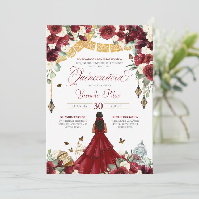 Invitation Rouge blanc élégant papillon floral Quinceanera V4 (Debout devant)