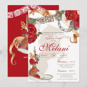Invitation Rouge Blanc Élégant Rose Charro Mariachi Quinceane