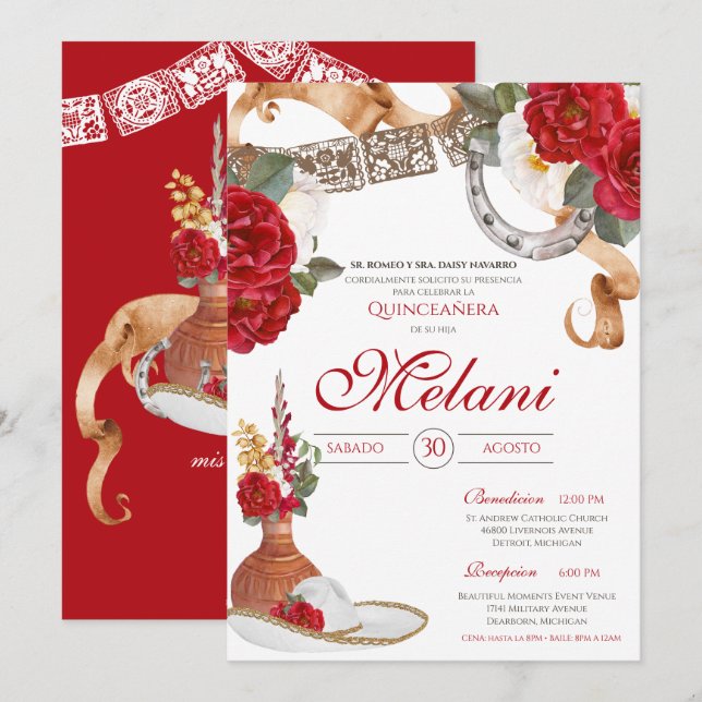 Invitation Rouge Blanc Élégant Rose Charro Mariachi Quinceane (Devant / Derrière)