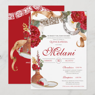 Invitation Rouge Blanc Élégant Rose Charro Mariachi Quinceane