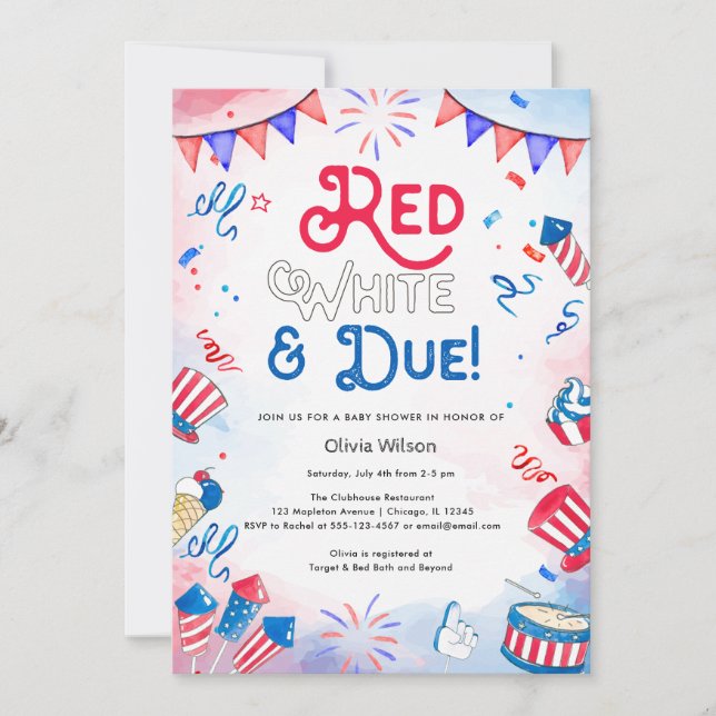 Invitation Rouge blanc et blanc - 4 juillet Baby shower (Devant)