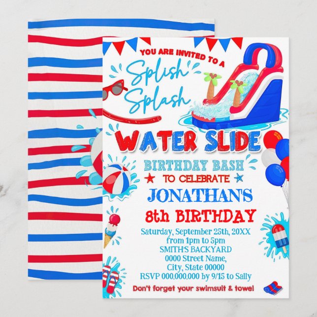 Invitation Rouge Blanc et Bleu Giclée Giclée Toboggan Anniver (Devant / Derrière)