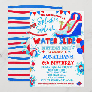 Invitation Rouge Blanc et Bleu Splish Splash Toboggan Anniver