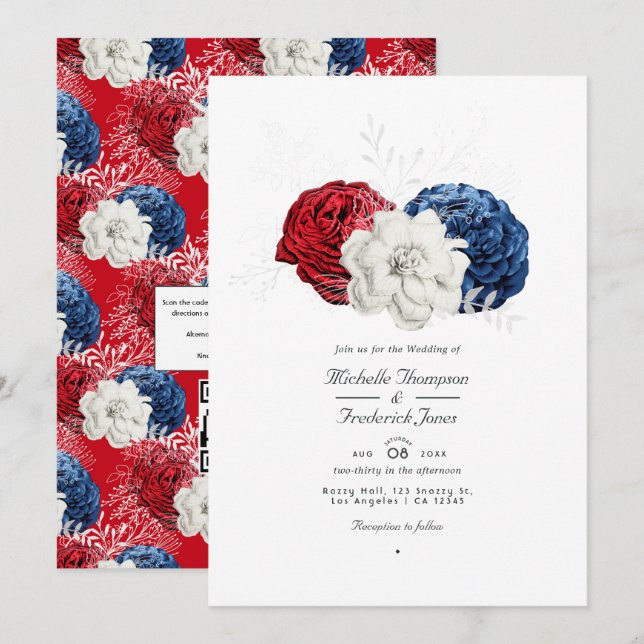 Invitation Rouge blanc et bleu USA American QR Code Mariage (Devant / Derrière)
