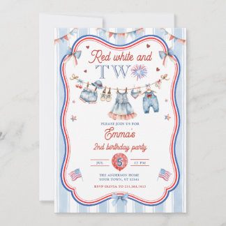 Invitation Rouge Blanc et Deux Fête d'anniversaire 2rd 4 juil