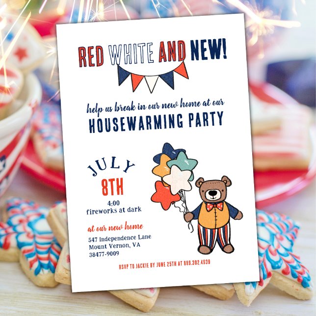 Invitation Rouge, Blanc et Nouveau |  Fête de crémaillère d'é (Red, White, and New!  Show Off Your New Home with this July Themed Housewarming Invitation)