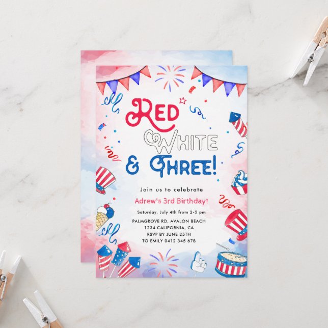 Invitation Rouge, blanc et TROIS - 4 juillet 3e anniversaire (Devant/Arrière en situation)