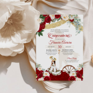 Invitation Rouge Blanc Floral Élégant Or Charro Quinceanera