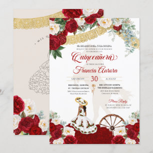 Invitation Rouge Blanc Floral Elegant Or - Charro Quinceanera