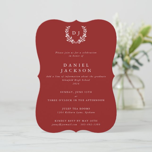 Invitation Rouge + Blanc Monogram Laurel Wreath Graduation (Debout devant)