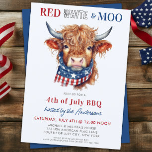 Invitation Rouge blanc Moo Patriotique Highland Cow 4 juillet