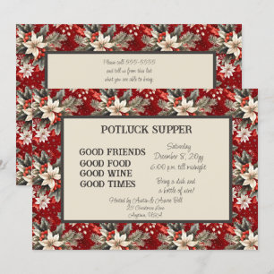 Invitation Rouge Blanc Poinsettia Noël POT LUCK Cène