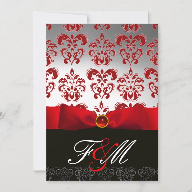 Invitation ROUGE BLANC RIBBON & BLACK DAMASK MONOGRAM Ruby (Devant)