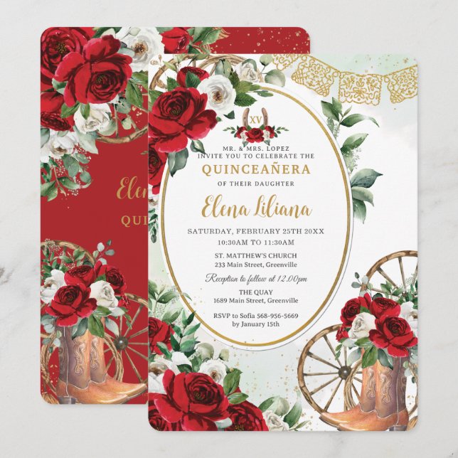 Invitation Rouge Blanc Roses Charro Bottes Sweet 16 Quinceañe (Devant / Derrière)