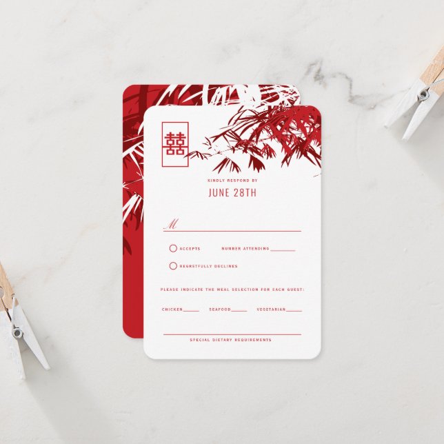 Invitation Rouge & Blanc Zen Bambou Feuille Mariage chinois R (Devant/Arrière en situation)