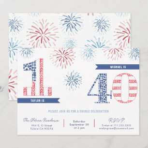 Invitation Rouge Bleu 4 juillet fête d'anniversaire conjointe