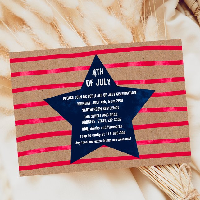 Invitation Rouge bleu aquarelle étoile rayures 4 juillet kraf (Red blue watercolor star stripes 4th July kraft Invitation)