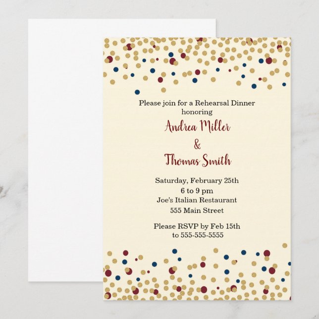 Invitation Rouge bleu d'or de confettis d'invitation de dîner (Devant / Derrière)