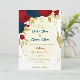 Invitation rouge & bleu marine fleurs or feuille mariage